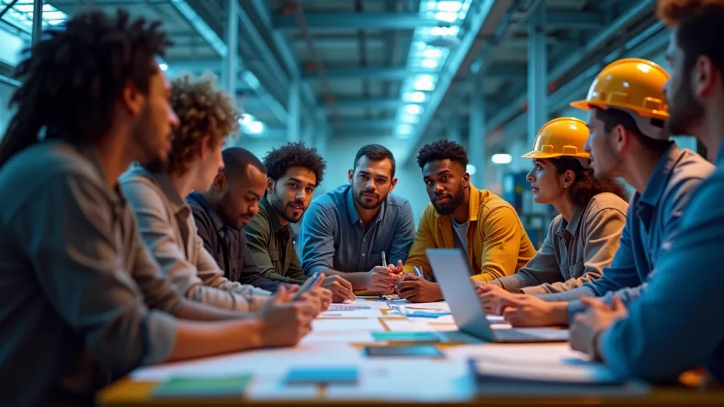 A team of frontline employees working together to innovate and improve productivity