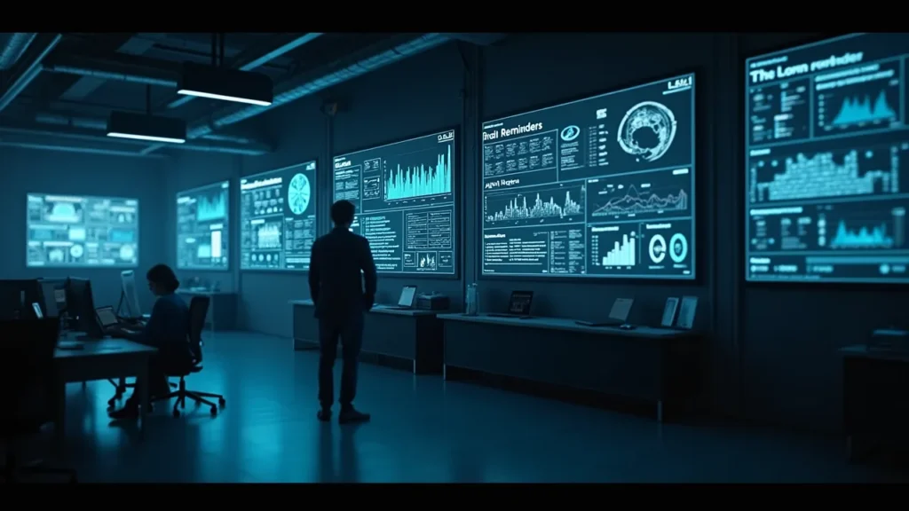 Modern office space with digital screens showing concentration metrics and focus reminders