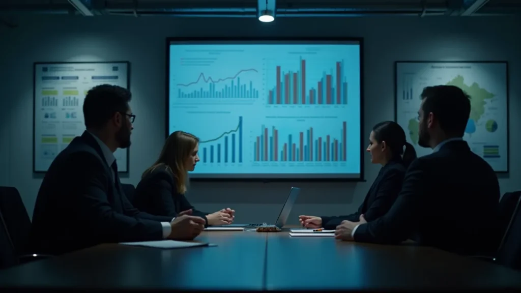 Business professionals in a meeting room analyzing data and discussing radical prioritization strategies.