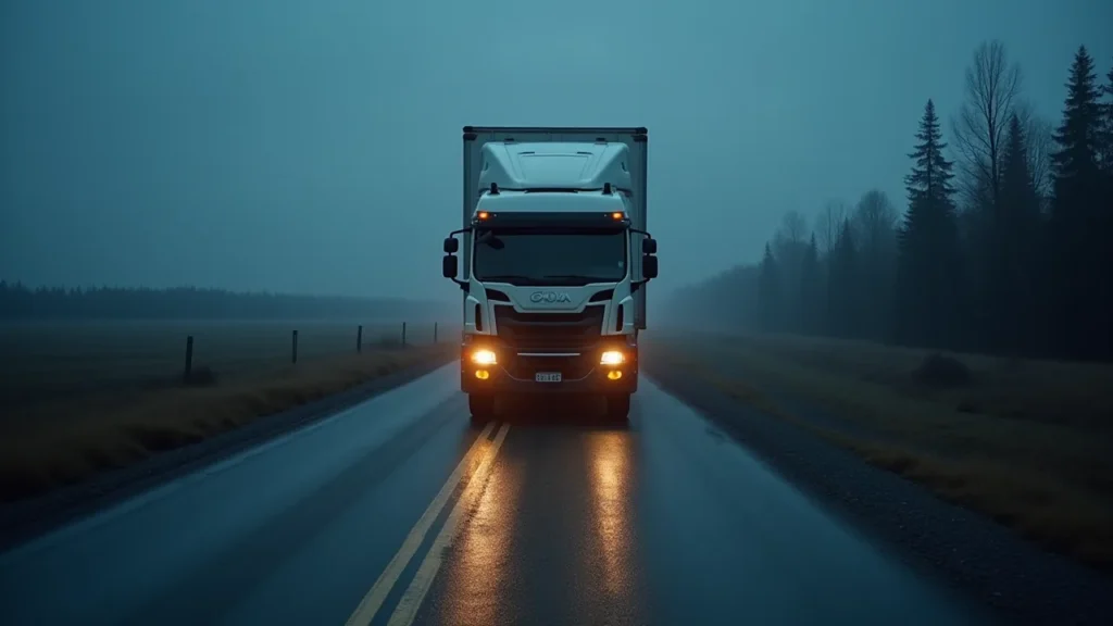 A delivery truck on a remote Canadian road at dusk
