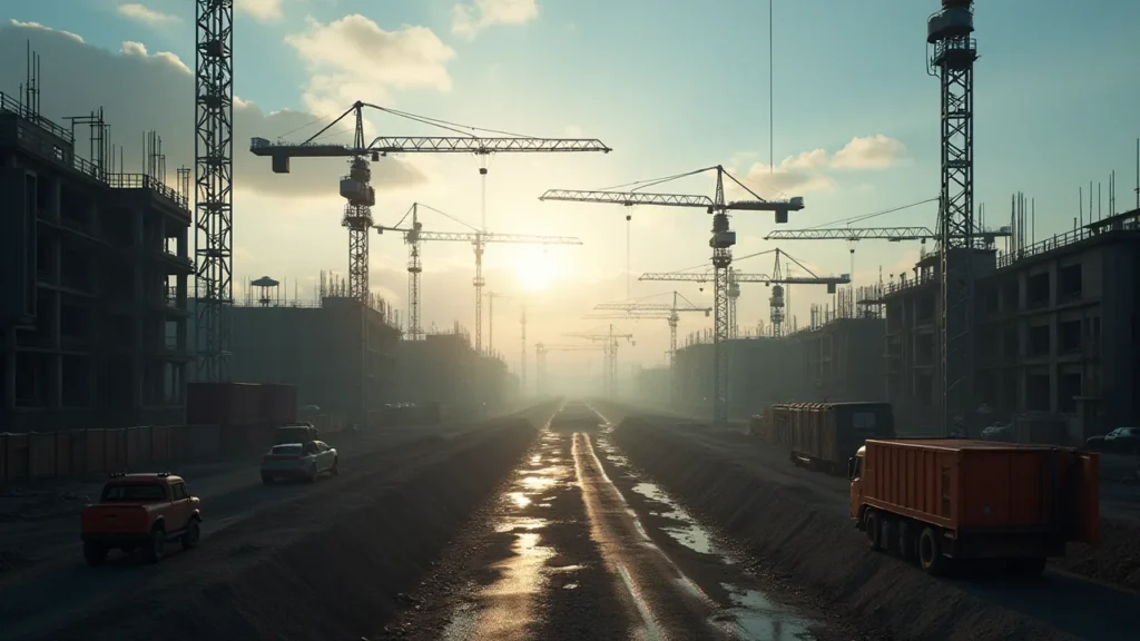 Construction site busy during summer vs empty in winter