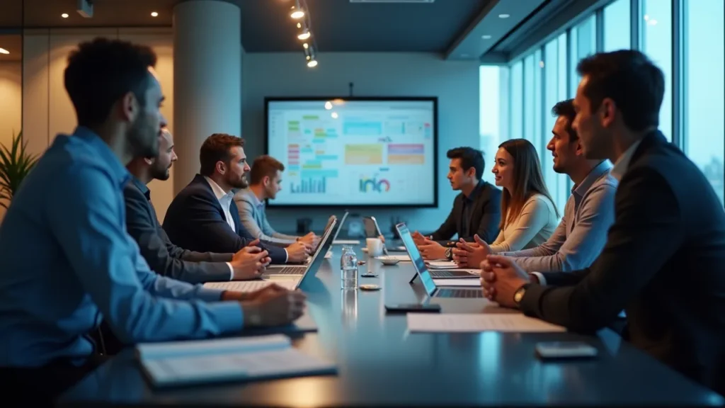A diverse team in a modern office setting engaged in quick decision-making discussions, highlighting the benefits of decision velocity over consensus-driven processes.
