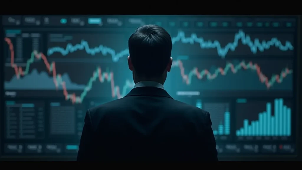 A businessman analyzing financial data in a dimly lit office with hyper-frames SVG treatment overlay.