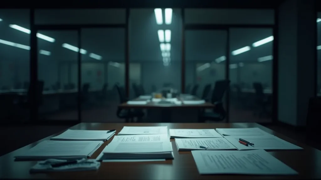 Modern office environment with bilingual signs and documents in English and French, featuring a dark moody industrial aesthetic.