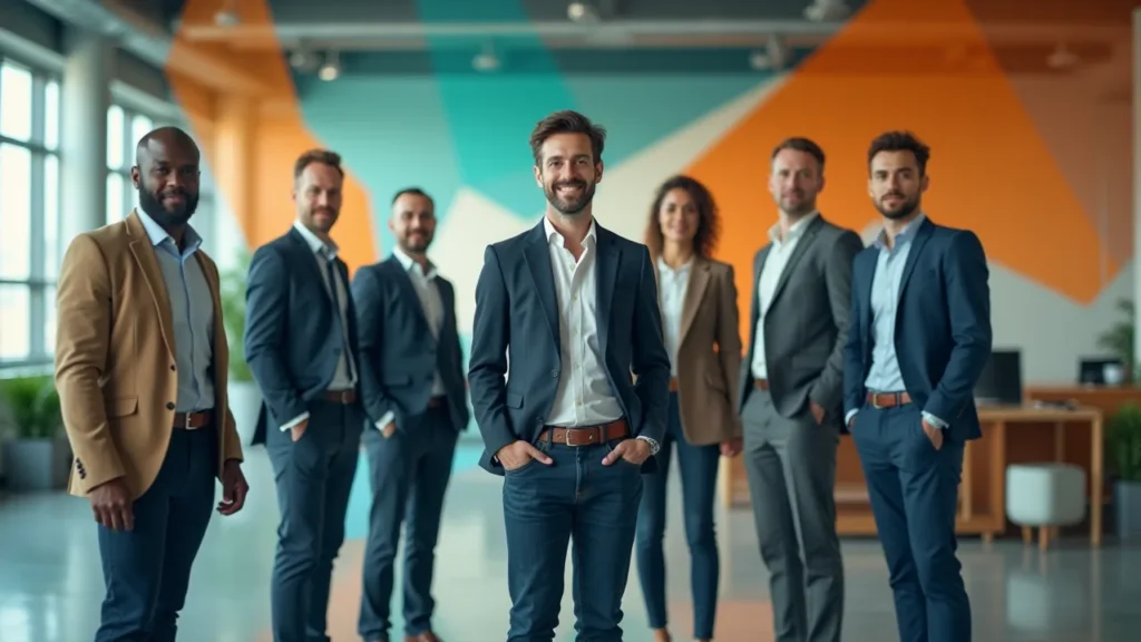 todd__how-do-you-assess-leaders-for-transformation-readiness-the-five-critical-capabilities-framework Diverse professionals in a modern office space, surrounded by abstract geometric shapes, highlighting transformation leadership and readiness.