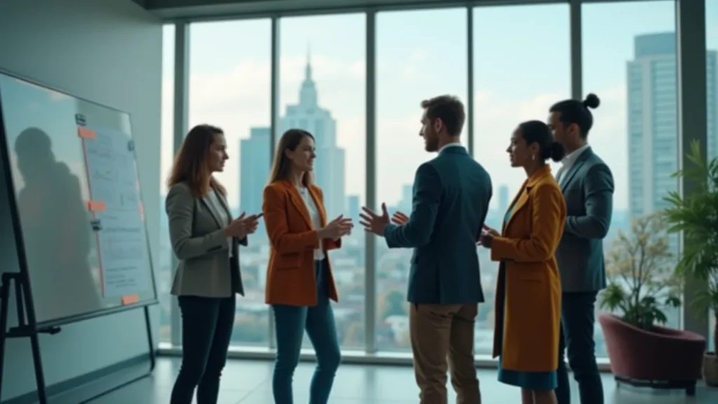 todd__how-do-you-build-a-transformation-leadership-team-that-actually-works A diverse group of professionals collaborating in a modern office, discussing a transformation strategy with a city skyline in the background.